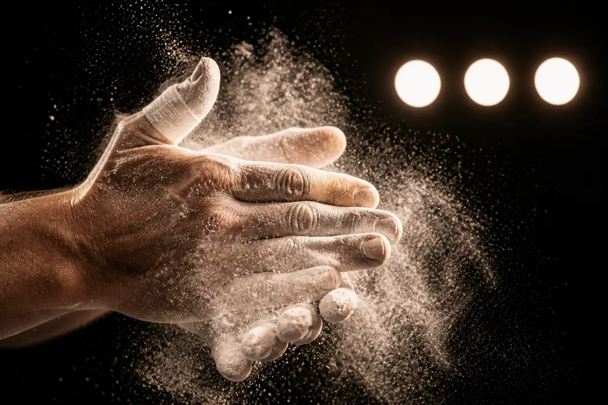 Chalked hands clapping in a burst of white dust, three lights glowing behind.