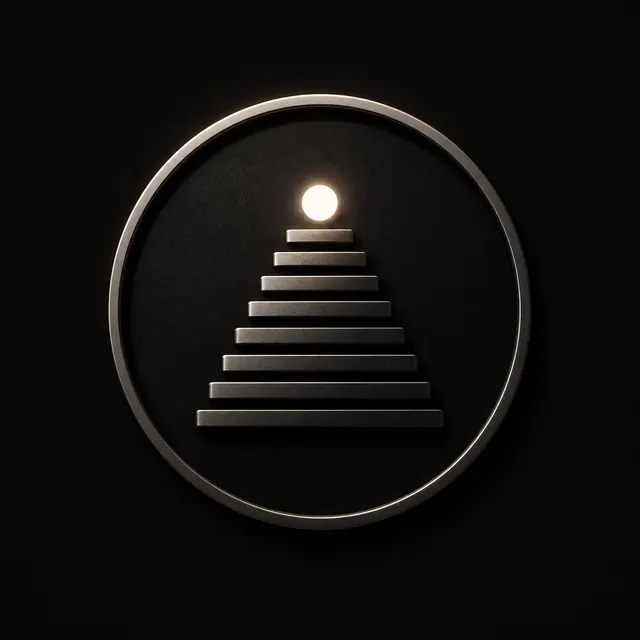 Circular emblem of stacked bars crowned by a single glowing dot.